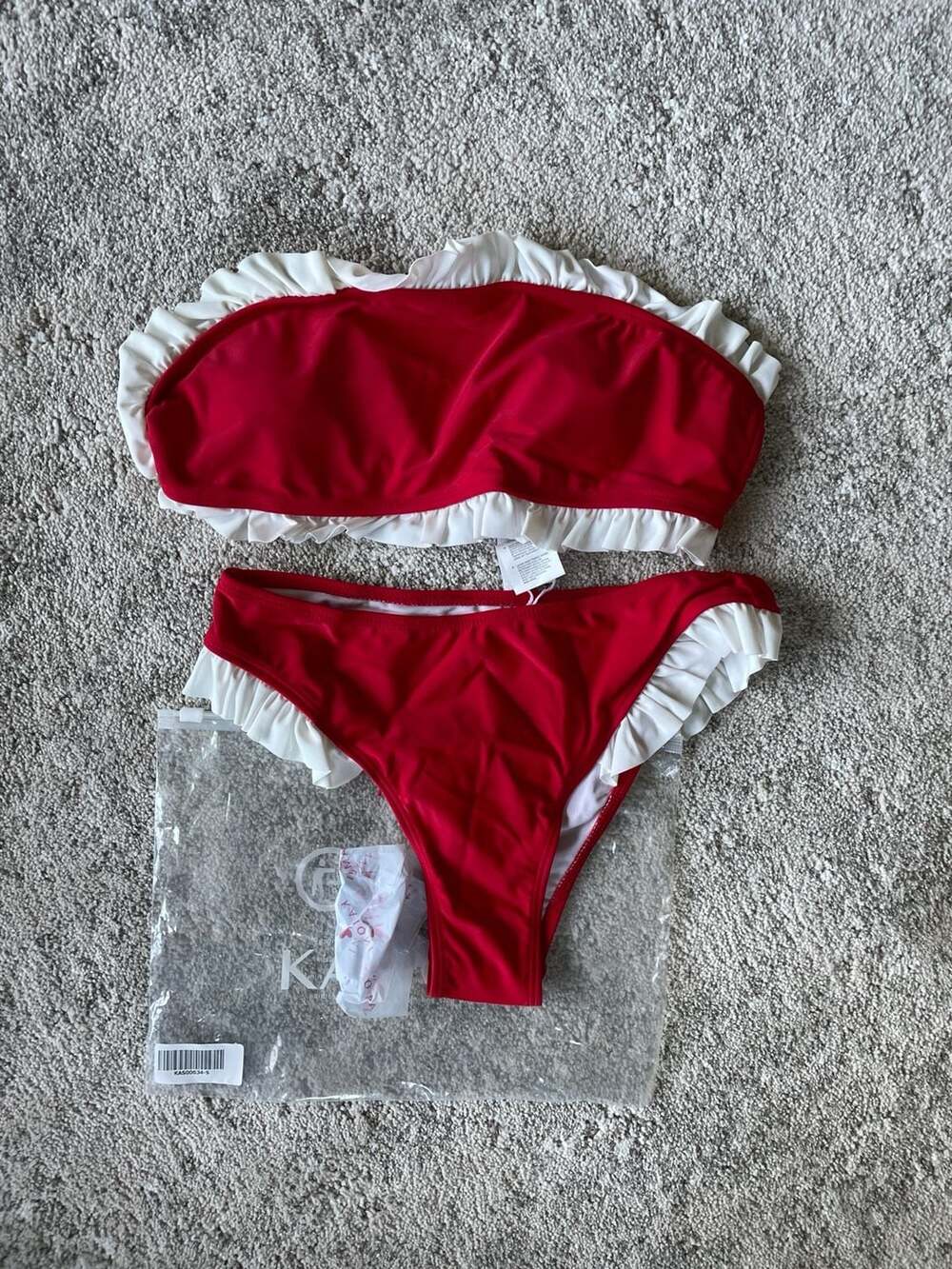 KAMONI Red Bandeau Bikini Set with White Ruffle Trim, Size S